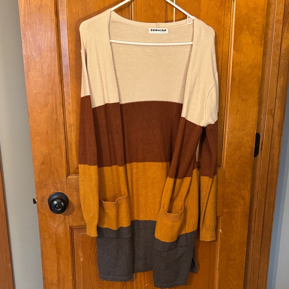 Wish Striped Longline Cardigan - Cream, Brown, Mustard, Gray